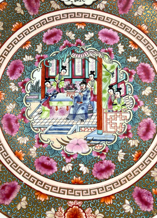 Large Chinese Porcelain Gilt Charger / Decorative Plate With Figural Scene & Pink and Orange Flowers