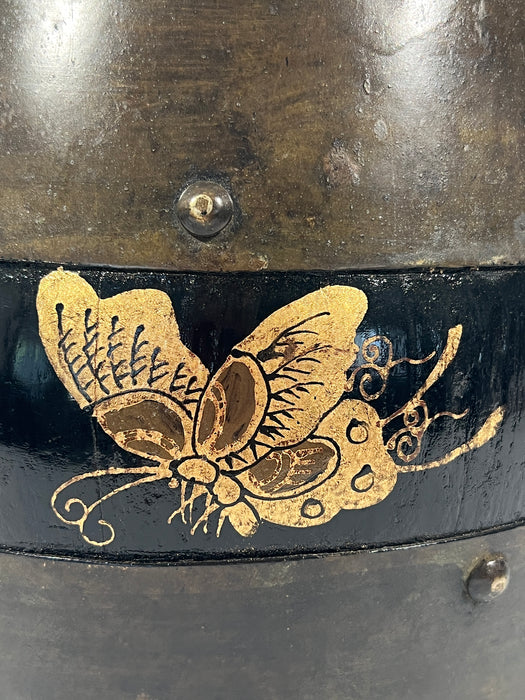 Antique Chinese Elm & Fir Wood Rice Measure Container / Bucket Anhui Province With Gold Butterflies and Moths, Qing Dynasty
