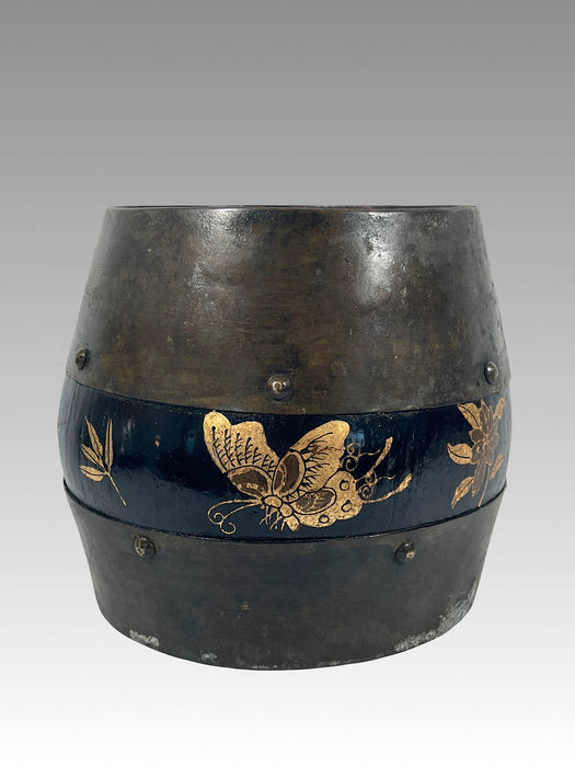 Antique Chinese Elm & Fir Wood Rice Measure Container / Bucket Anhui Province With Gold Butterflies and Moths, Qing Dynasty