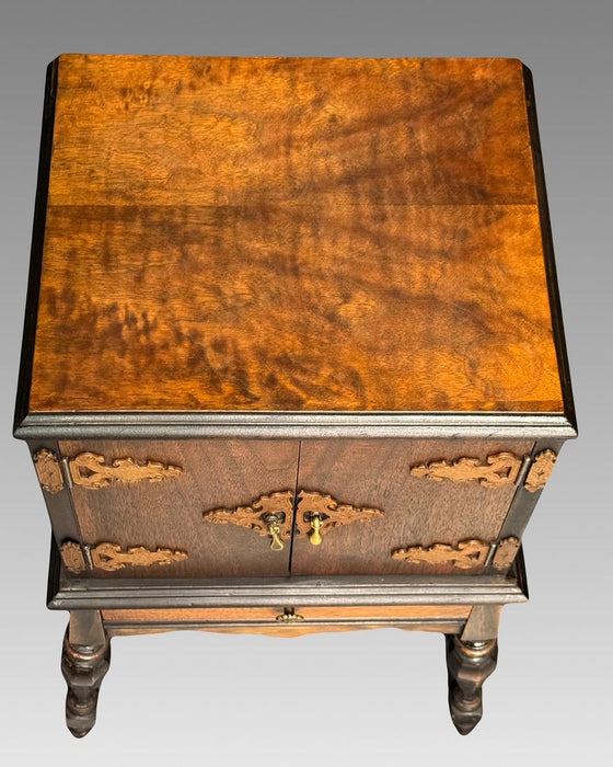 Antique Arts & Crafts / Chinoiserie Burled Walnut Cigar / Smoking Cabinet, Copper Lined Humidor