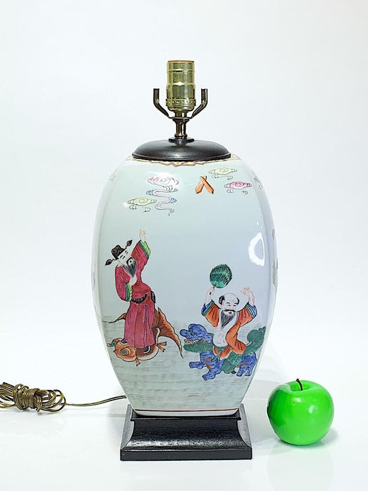 Vintage Chinese White Porcelain Famille Rose Figural Ginger Jar Table Lamp