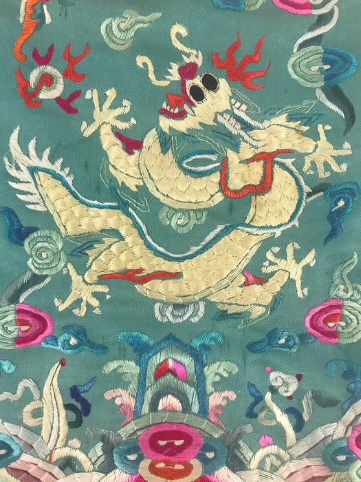 The Cloud Dragon & Flaming Pearl Silk Embroidered Blue Vintage Framed Wall Panel Hanging