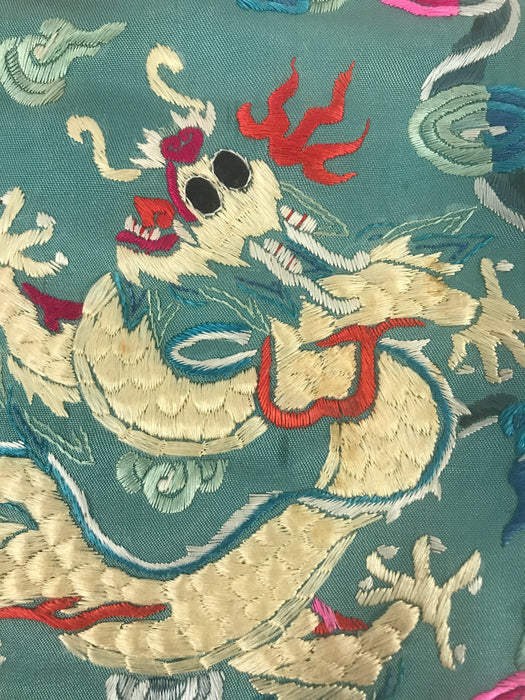 The Cloud Dragon & Flaming Pearl Silk Embroidered Blue Vintage Framed Wall Panel Hanging
