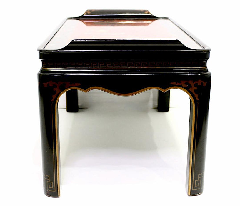 Drexel Heritage Black & Red Lacquer Chinoiserie Coffee Table With Hand Painted Scenic Top