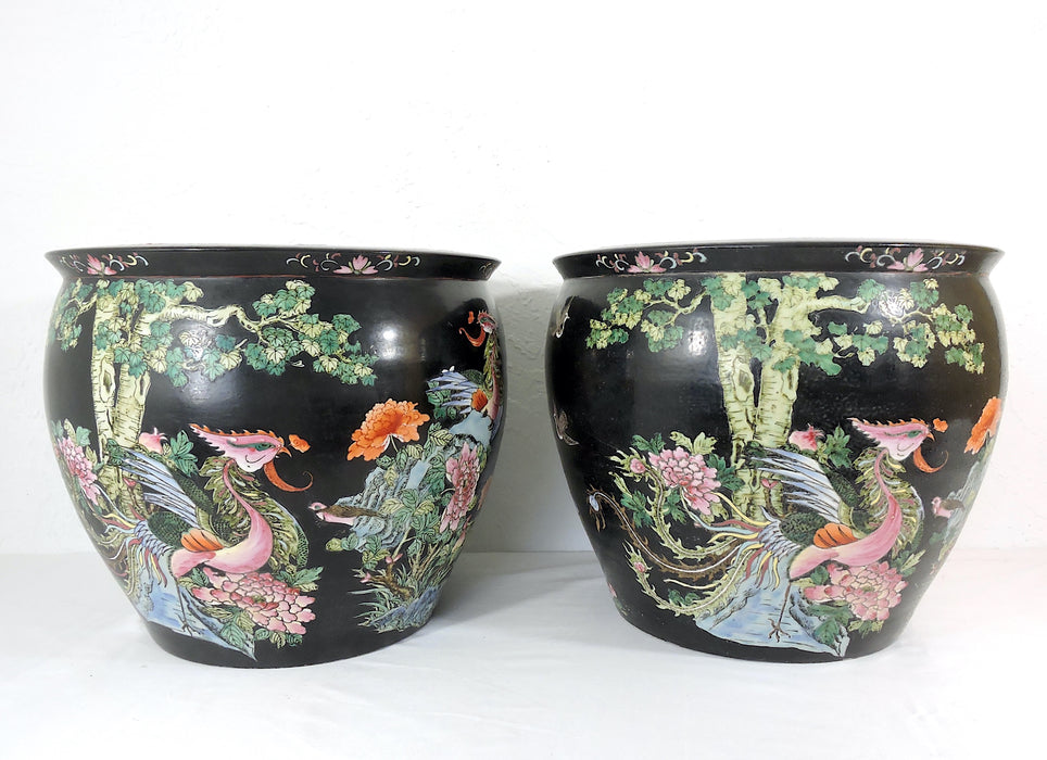 Early 20th Century Family Noire Black Chinese Porcelain Planters With Goldfish & Phoenix Birds - a Pair, on Rosewood Stands