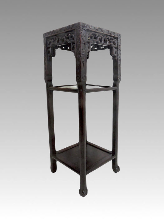 Antique Chinese Blackwood Plant Stand or Display Table With Pink Beige Marble Top (Hongmu)
