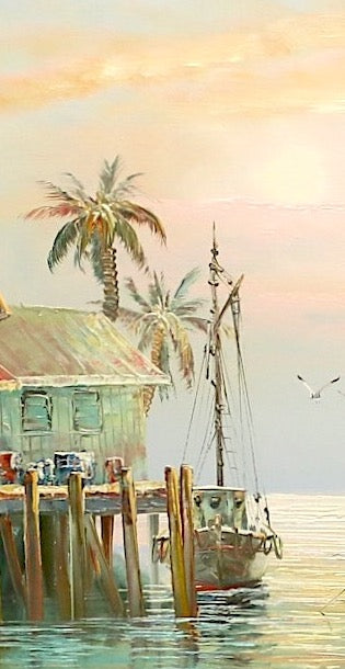 Anchored Fishing Boats in Key West at Sunset Mid Century Oil Painting on Canvas by John Luini