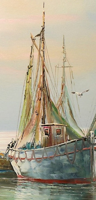 Anchored Fishing Boats in Key West at Sunset Mid Century Oil Painting on Canvas by John Luini