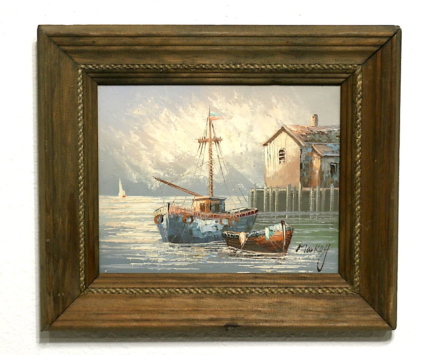 Vintage Oil on Board Harbor Scene with Fishing Boats Signed by Markey