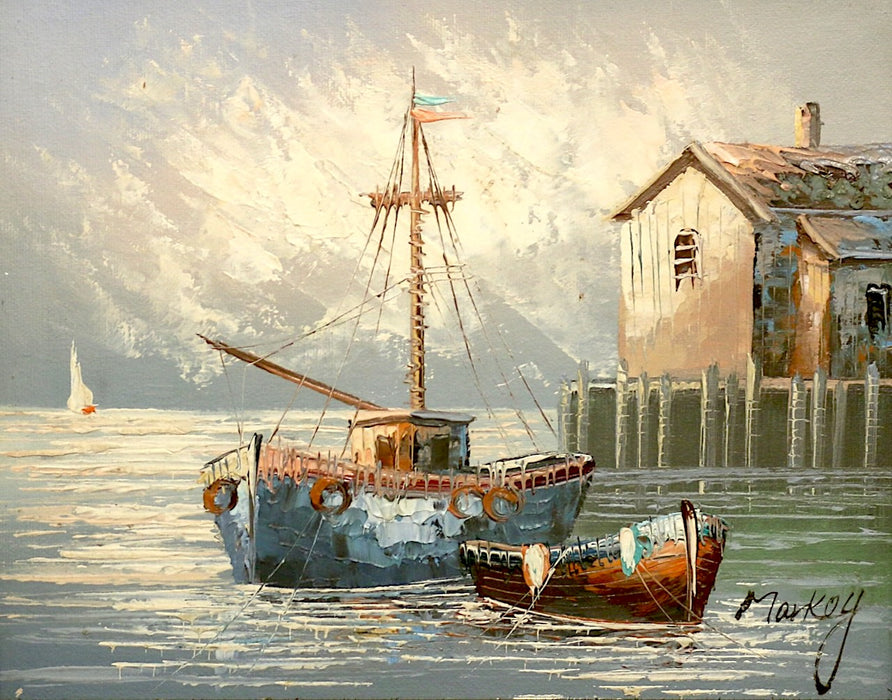 Vintage Oil on Board Harbor Scene With Docked Fishing Boats Signed