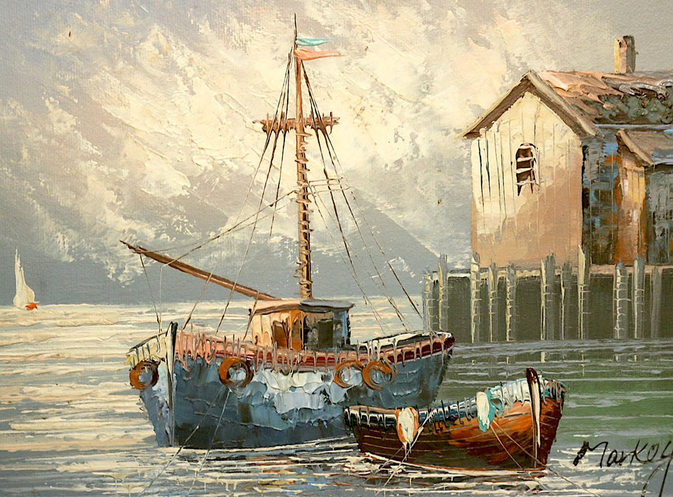 Vintage Oil on Board Harbor Scene with Fishing Boats Signed by Markey