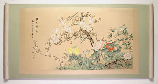 Large Chinese Floral Painting on Silk with Cherry Blossom Trees in Scroll Frame, Signed