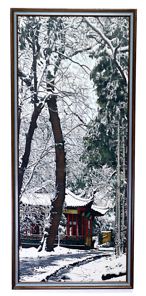 Large Vintage Silk Needlework Panel, Winter Scene of a Secluded Japanese Forest Temple