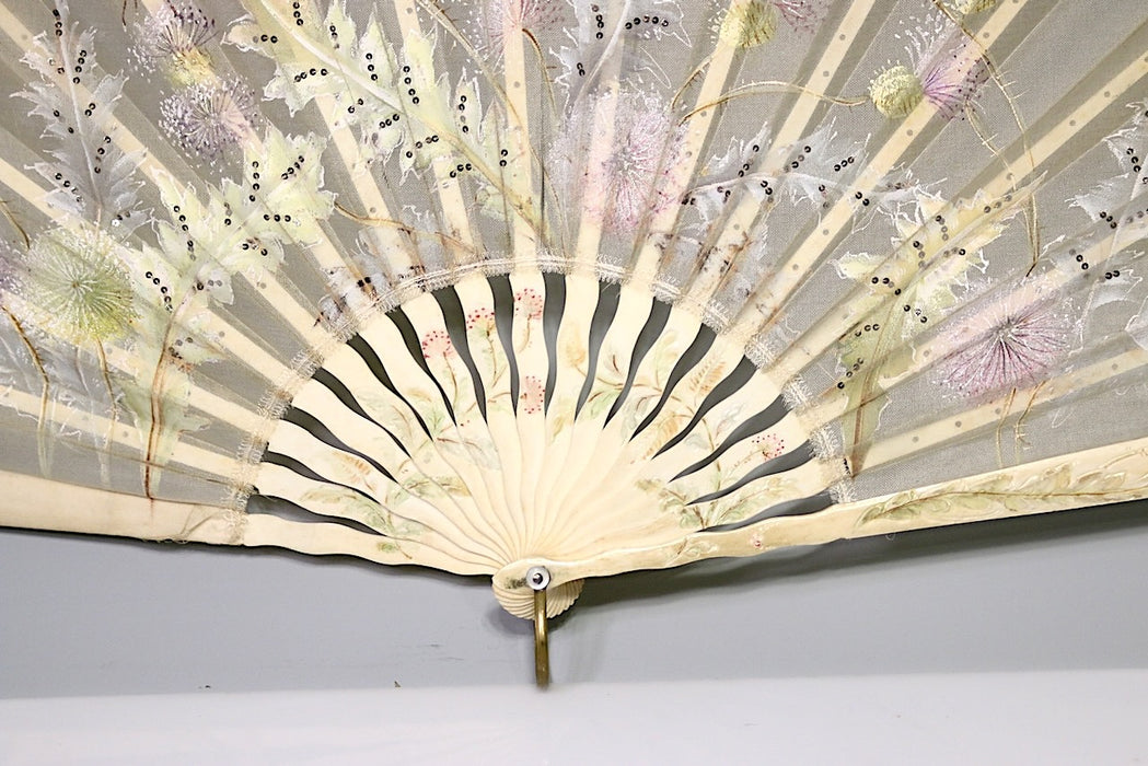 Antique Chinese Hand Painted Off White Silk Fan With Dragonflies & Flora Dated 1904