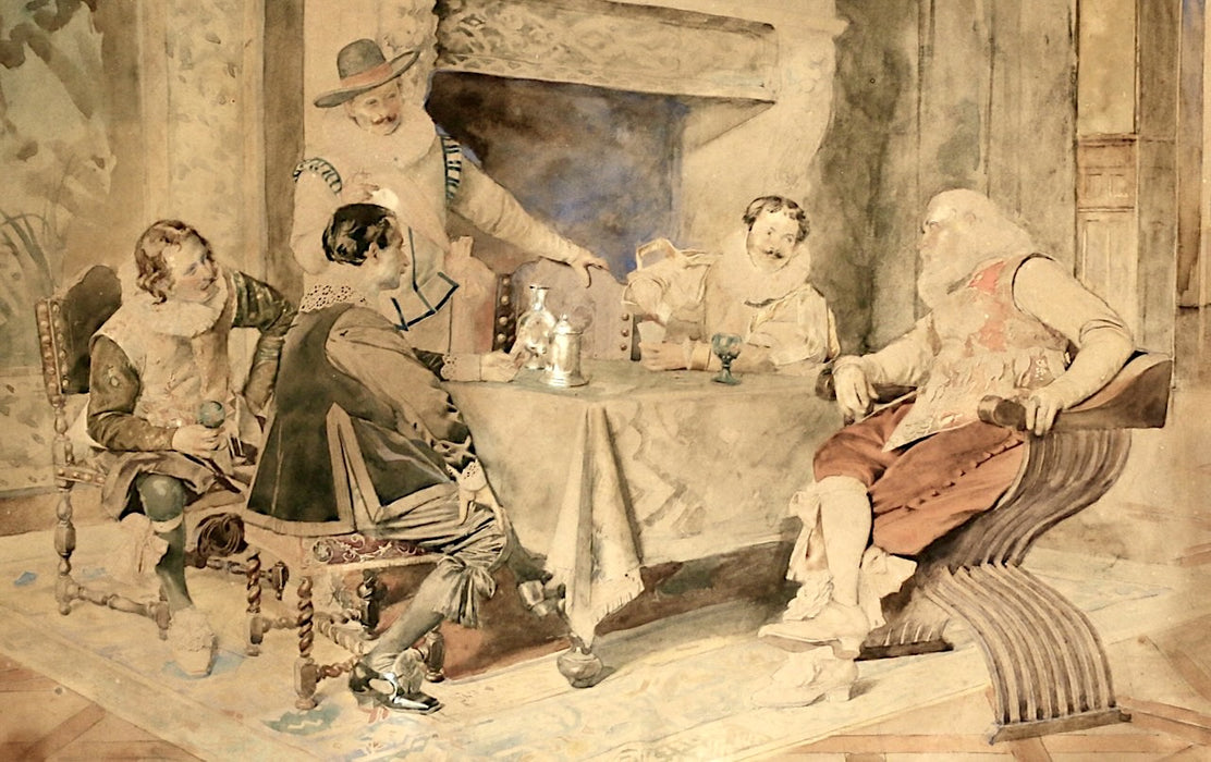 A Gentlemen's Discussion Around Table, Water colour Painting by Bernard Louis Borione (French, 1865 -1920)