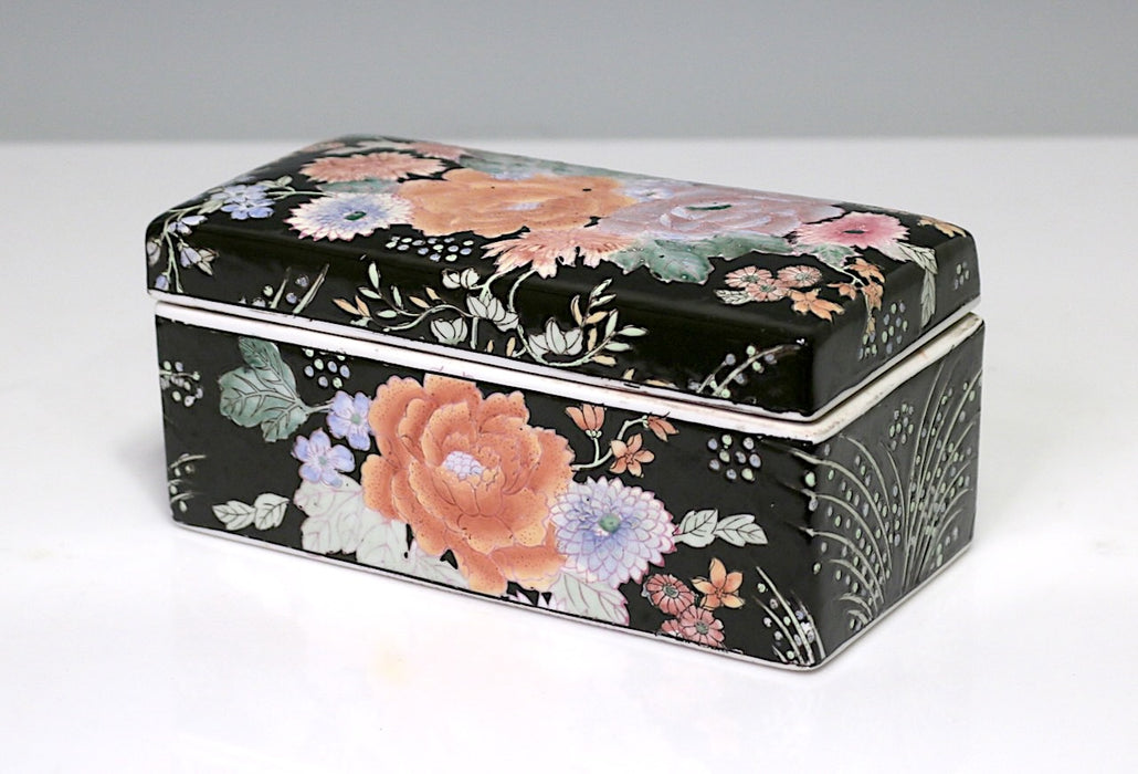 Vintage Chinese Famille Noire (Black) Porcelain Dresser Box with Orange Flowers, Qianlong Mark
