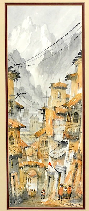 Andean Village Mountain Scene, Framed Watercolor Painting by Tegui