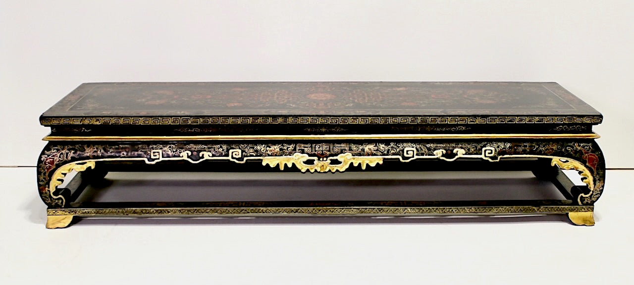 Antique Chinese Black, Red and Gold Lacquer Low Coffee Table or Pedestal with Dragons and Bats