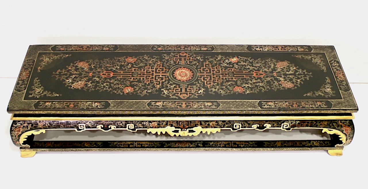 Antique Chinese Black, Red and Gold Lacquer Low Coffee Table or Pedestal with Dragons and Bats