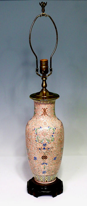 Rare Coral Glazed Chinese Porcelain Table Lamp Hand Painted Enamel Designs of Lotus, Lucky Coins and Bats