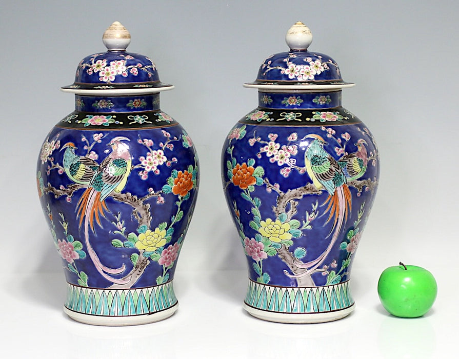 Antique Opposing Pair of Blue Japanese Cherry Blossom & Exotic Bird Yamatoku Porcelain Covered Urns  (Circa 1920) Taisho Era