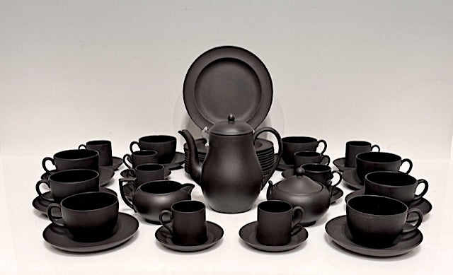 English Wedgwood Black Basalt Complete Tea & Dessert Service for Eight (47 pieces)