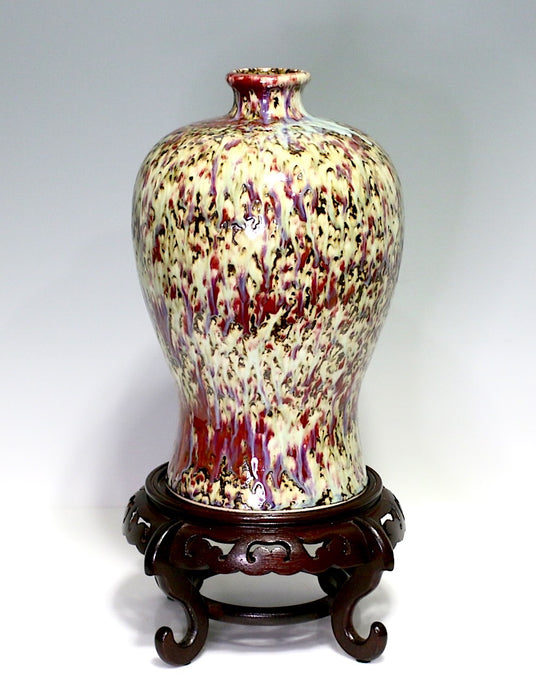 Chinese Plum or Meiping Porcelain Flambe Vase with Rosewood Stand
