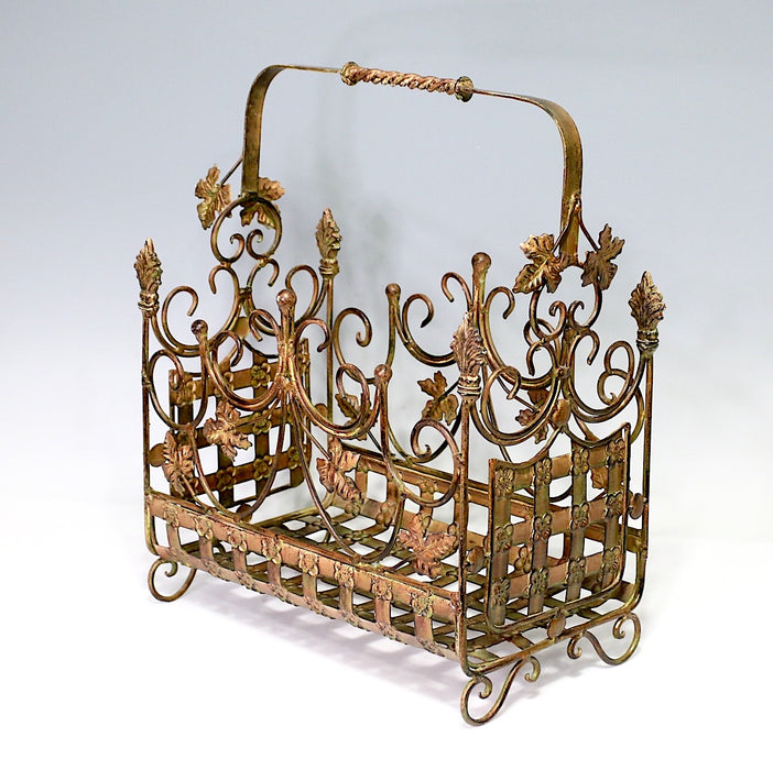Vintage Italian Wrought Iron Copper Gold Magazine Stand With Rosettes and Leaves