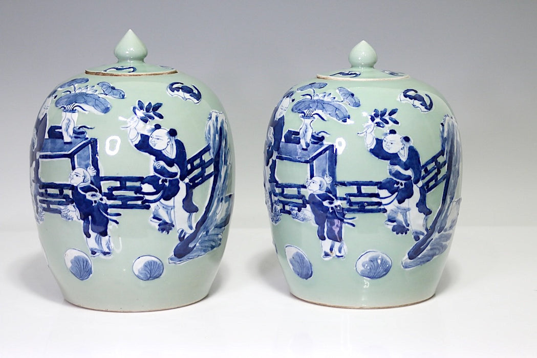 Antique Chinese Blue & White Ginger Jars over Celadon Glaze, a Pair