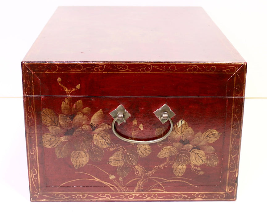 Large Vintage Chinese Leather and Red Lacquer Storage Trunk with Gold Decoration