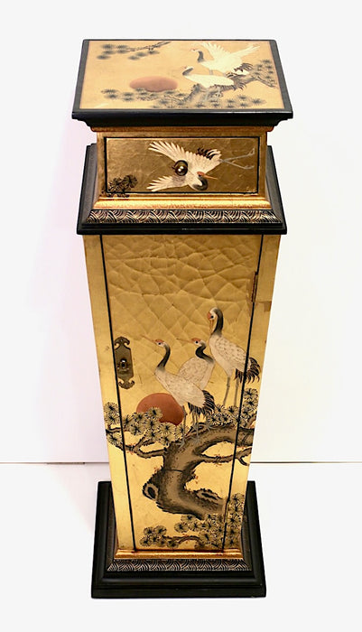 Vintage Japanese Style Gold Leaf Pedestal Stand / Cabinet With Red Crowned Cranes& Setting Sun