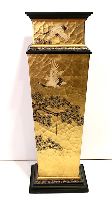 Vintage Japanese Style Gold Leaf Pedestal Stand / Cabinet With Red Crowned Cranes & Setting Sun