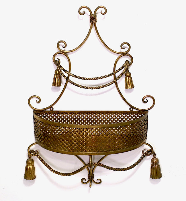 Gilt Italian Hollywood Regency Wrought Iron Plant Holder or Wall Basket Accent