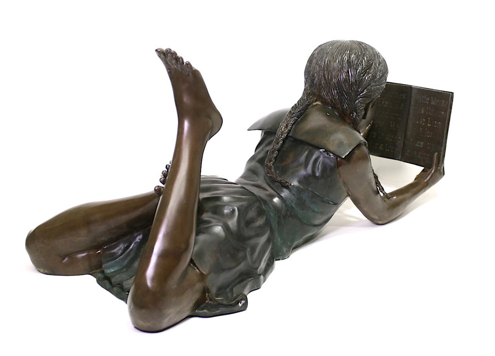 Italian Life Size Bronze Garden Statue, the Girl Reading a Story Book, Signed Leonardo Rossi, Italy