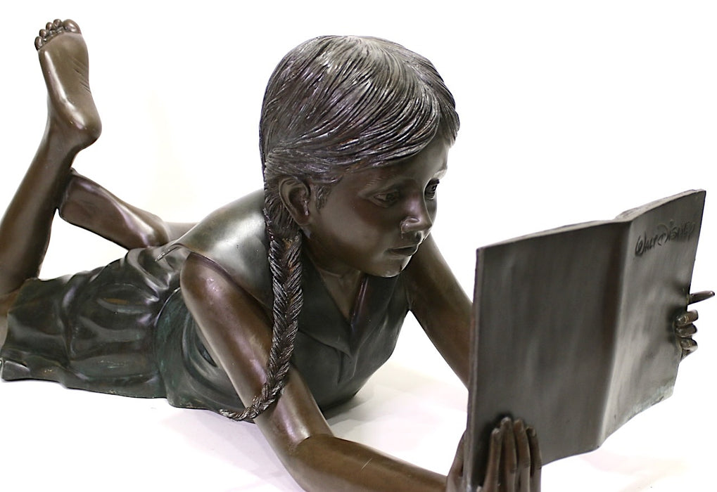 Italian Life Size Bronze Garden Statue, the Girl Reading a Story Book, Signed Leonardo Rossi, Italy