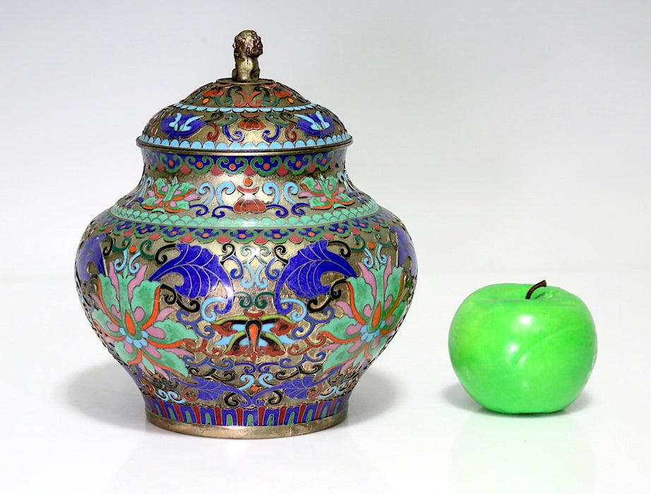 Antique Chinese Champleve Blue, Pink and Green Enamel Covered Urn With Foo Lion Finial