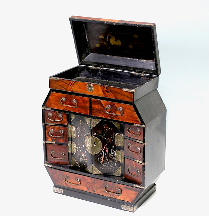 Antique Chinese Qing Dynasty Inlaid Jewelry Box / Desk Organiser with Mother of Pearl