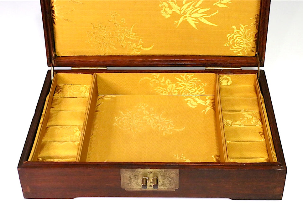 Vintage Hong Kong Chinese Rosewood Jewelry Box With Fine Yellow Silk Interior