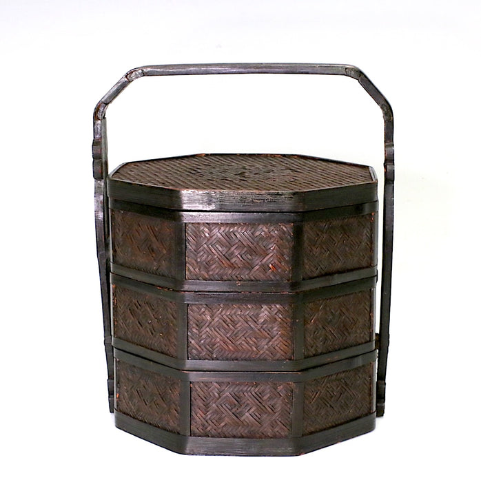 Antique Chinese Double Happiness Wicker 3 Section Stacking Wedding Box