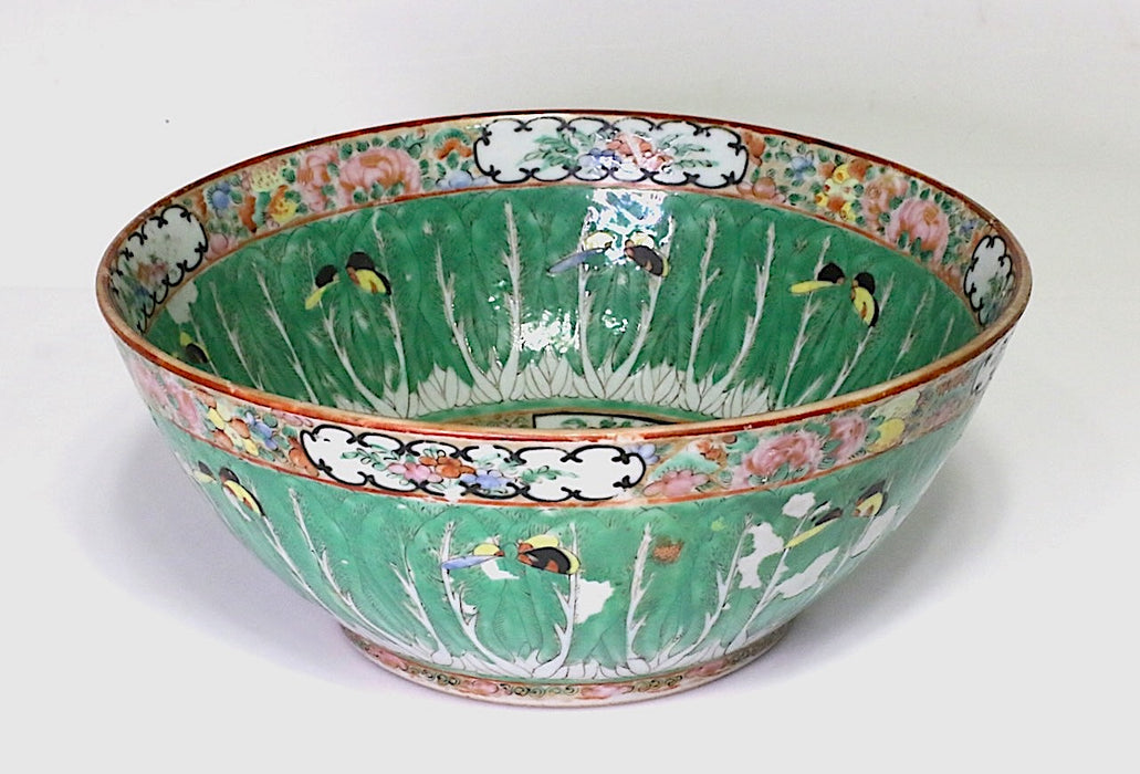 Antique Qing Dynasty Porcelain Punch Bowl - Cabbage Leaf, Bird, & Butterfly Design