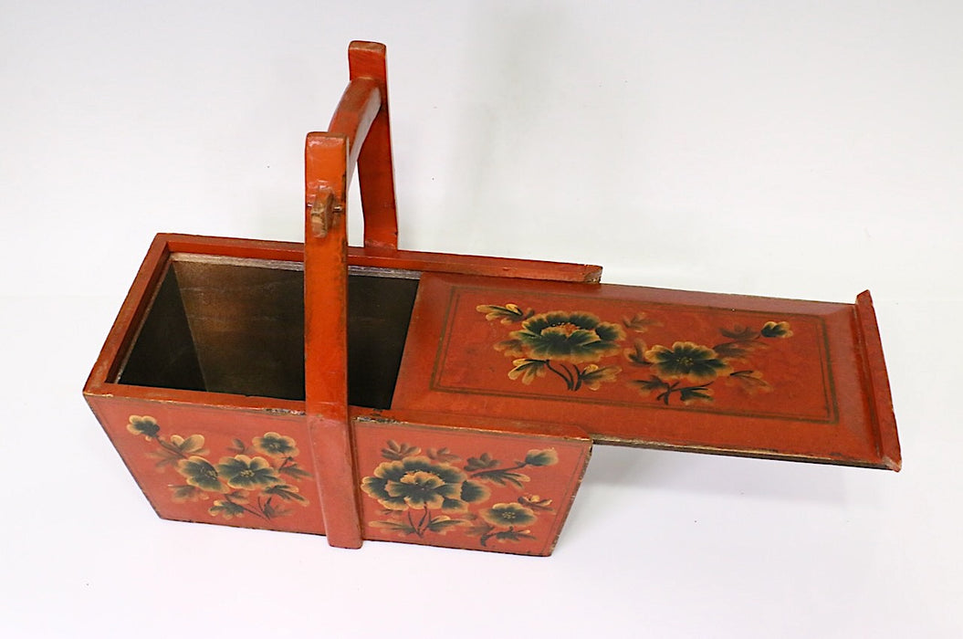 Antique Qing Dynasty Red Lacquer Hand Painted Floral Handled Storage Box / Basket with Sliding Lid