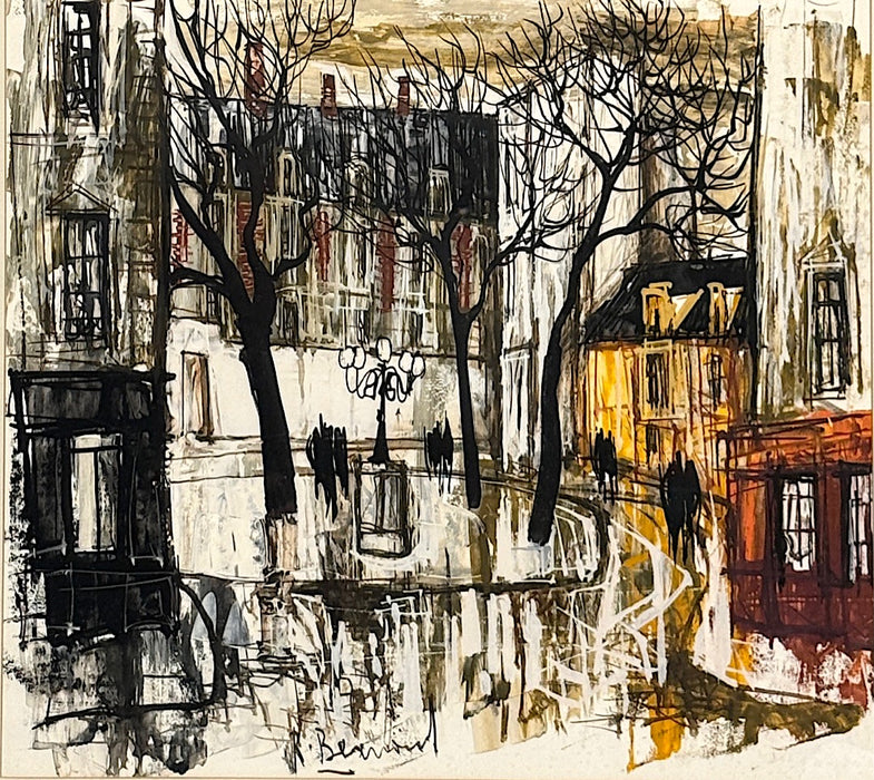 Parisian Street Scene after the Rain, Mid Century Modernist Original Painting Signed R. Bernard