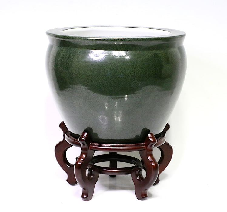 Vintage Chinese Moss Green Crackle Glaze Porcelain Planter or Jardiniere with Stand