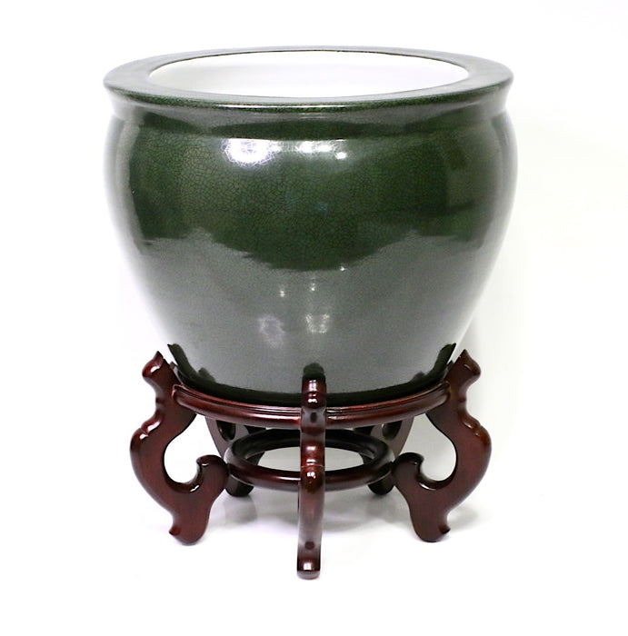 Vintage Chinese Moss Green Crackle Glaze Porcelain Planter or Jardiniere with Stand