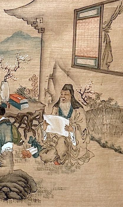 Antique Chinese Original Framed Painting on Silk Portraying a Group of Scholars Under the Cherry Blossom Trees