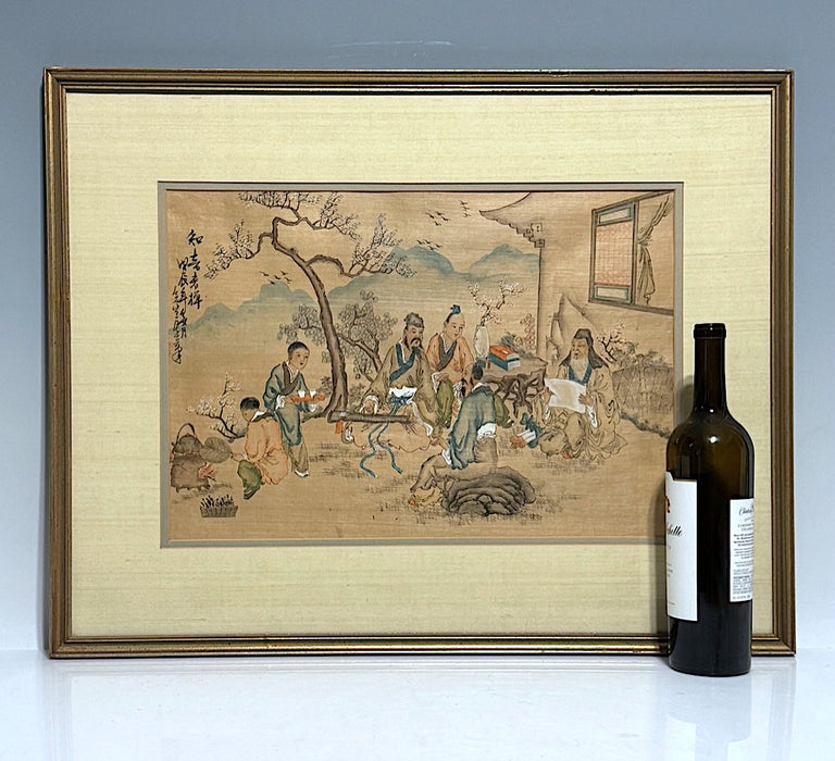Antique Chinese Original Framed Painting on Silk Portraying a Group of Scholars Under the Cherry Blossom Trees