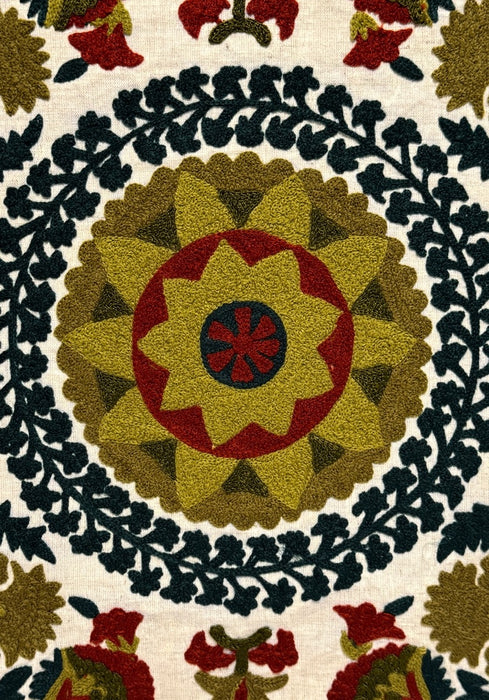 Exquisite Arts & Crafts Crewel Work Embroidered Green & Burgundy Red Floral Pillow Cover on White Linen