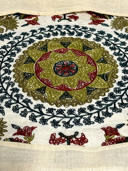 Exquisite Arts & Crafts Crewel Work Embroidered Green & Burgundy Red Floral Pillow Cover on White Linen
