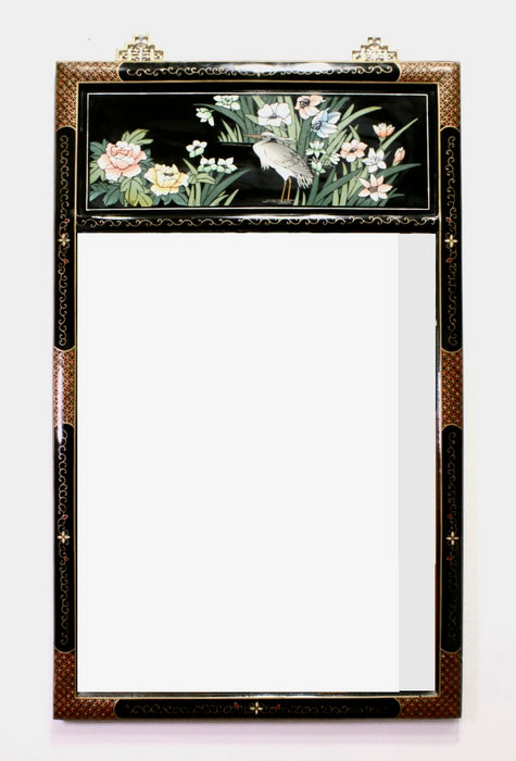 Vintage Chinese Rectangular Black Lacquer Wall Mirror with Scenic Floral Panel, Peonies & Egret