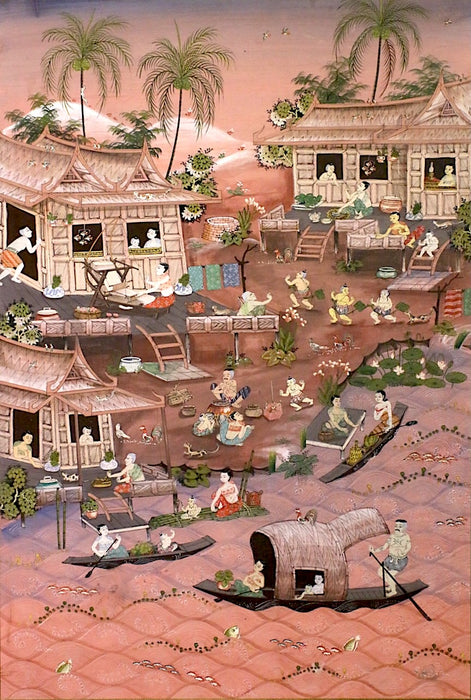 20th C. Thai School Original Gouache Village Scene Manner of Ancient Manuscript Illustrations